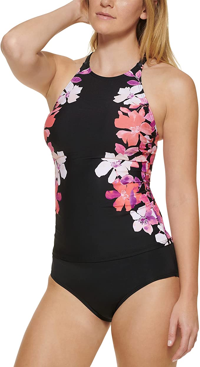 Calvin Klein Over-The-Shoulder High Neck Tankini Top, Black Side Floral,  X-Large : Clothing, Shoes & Jewelry 