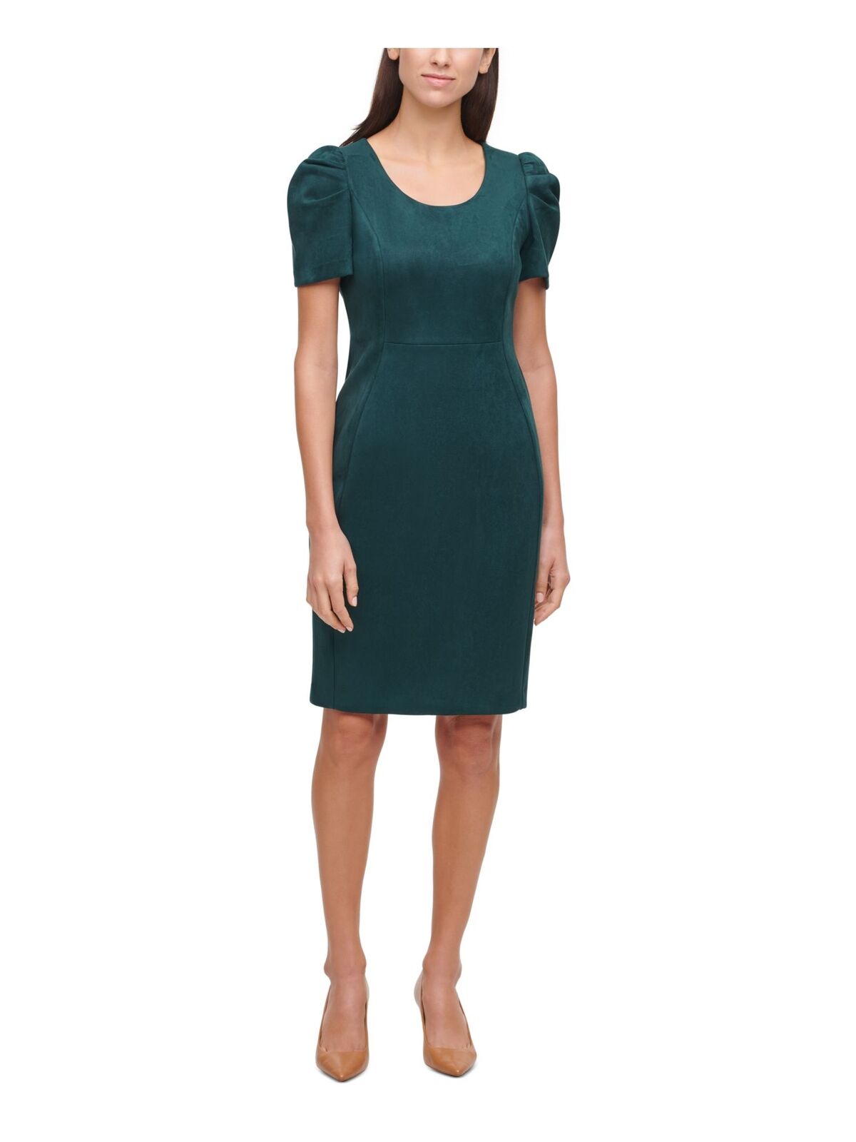 Calvin Klein Puff Sleeve Faux Suede Sheath Dress Color Malachite Size DDT Boutique