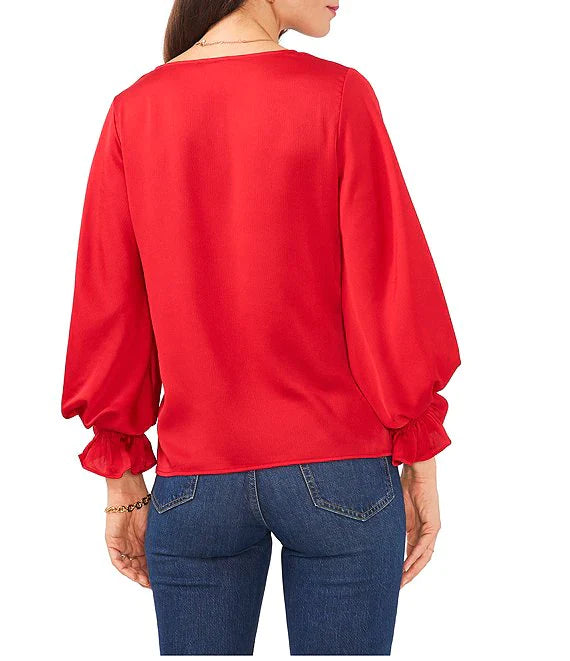 Vince Camuto V-Neck Smocked-Cuff Blouse  Color Vermillion Size S