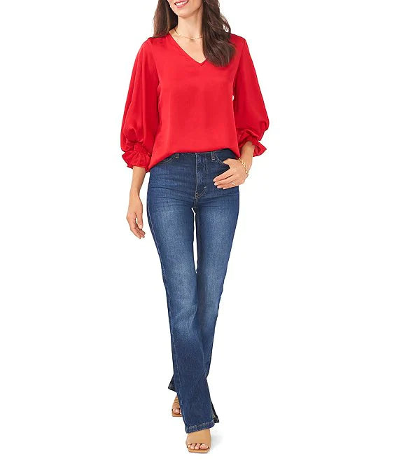 Vince Camuto V-Neck Smocked-Cuff Blouse  Color Vermillion Size S