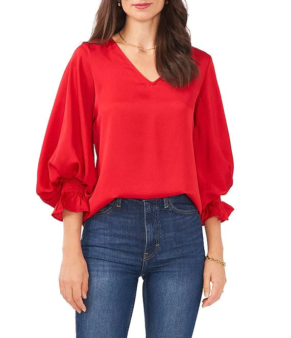 Vince Camuto V-Neck Smocked-Cuff Blouse  Color Vermillion Size S