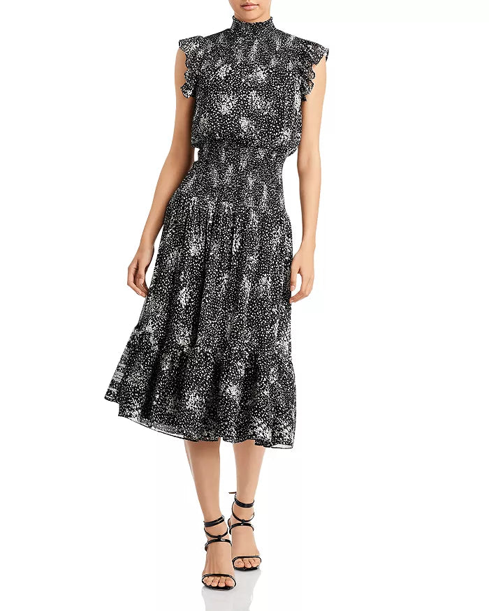 Aqua Women's Abstract Ruffled Print Midi Dress  Color Black Size M