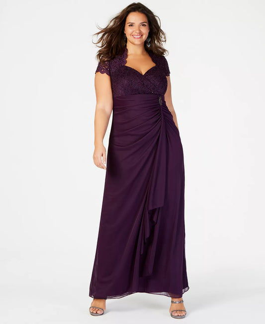 Betsy Adam Plus Size Sequined-Lace Ruched Gown  Color Eggplant Purple Size 22W