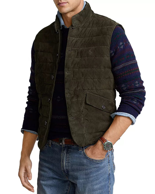 POLO RALPH LAUREN Men's Quilted Suede Gilet Vest  Color Dark Loden Size L