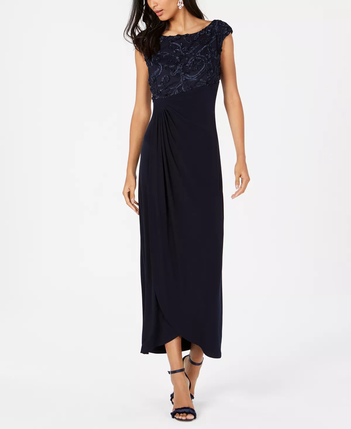 Connected Soutache Faux-Wrap Gown  Color Navy Size 16