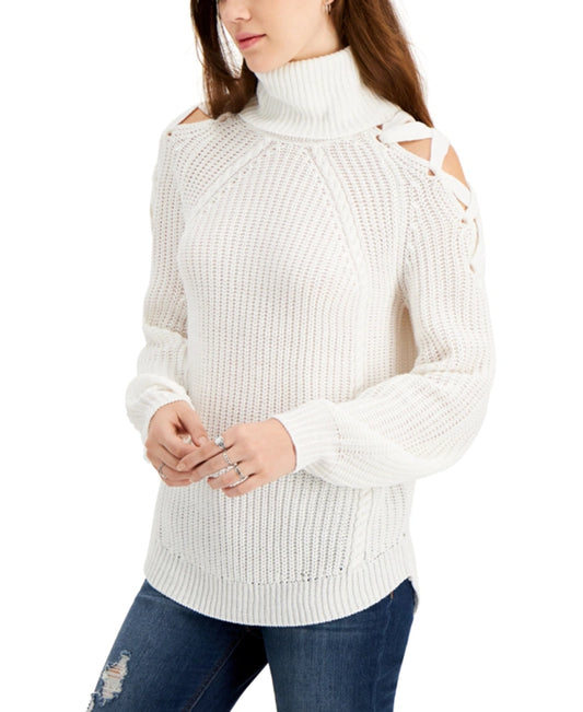 Crave Fame Juniors Lace-Up Turtleneck Sweater  Color Ivory Size M