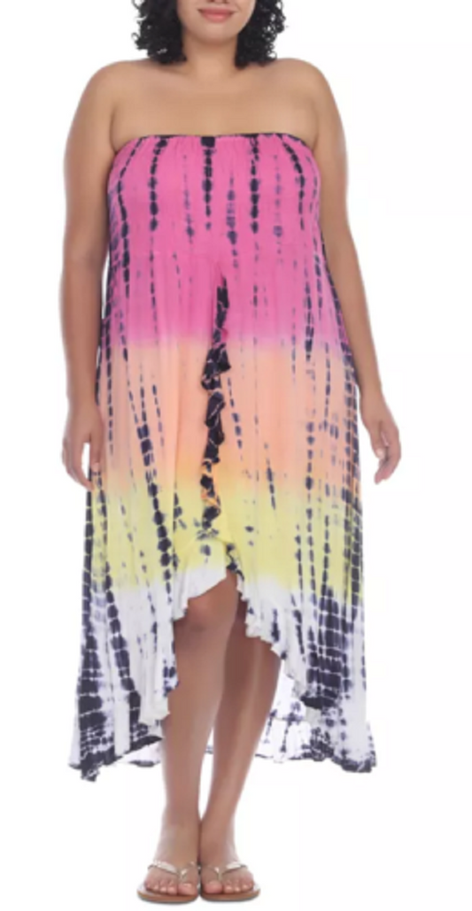 Raviya Plus Size Smocked Waterfall Tube Dress Cover-Up  Color Candy Pink Tie Dye Size 2X