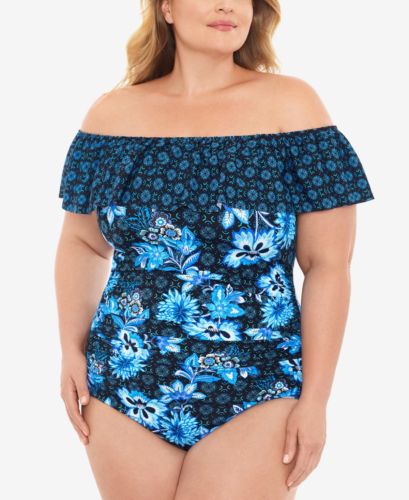 Swim Solutions Plus Size HIDEAWAY Ruffled Off-the-Shoulder One-Piece Swimsuit Color Navy Size 22W