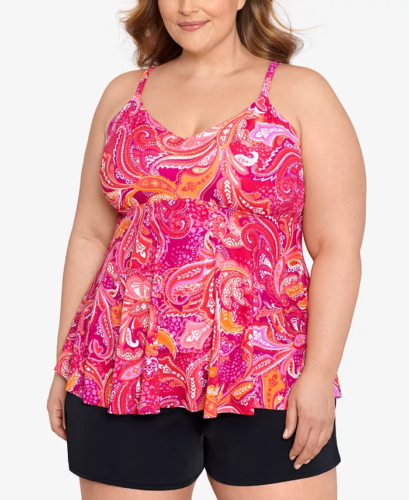 Swim Solutions Plus Size Printed V-Neck Tankini  Color Paisley Patch Size 22W