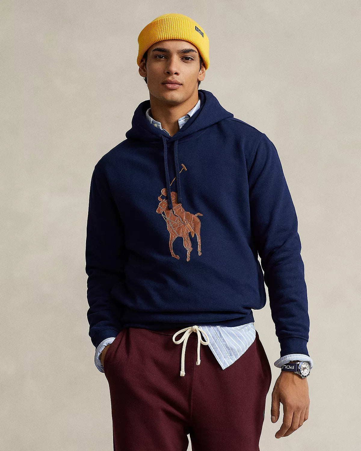 Polo Ralph Lauren Men's RL Fleece Leather Big Pony Hooded Sweatshirt  Color Cruise Navy Size S