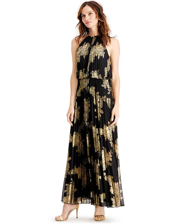 MSK Pleated Foil-Print Blouson Maxi Gown  Color Black/Gold Size 12