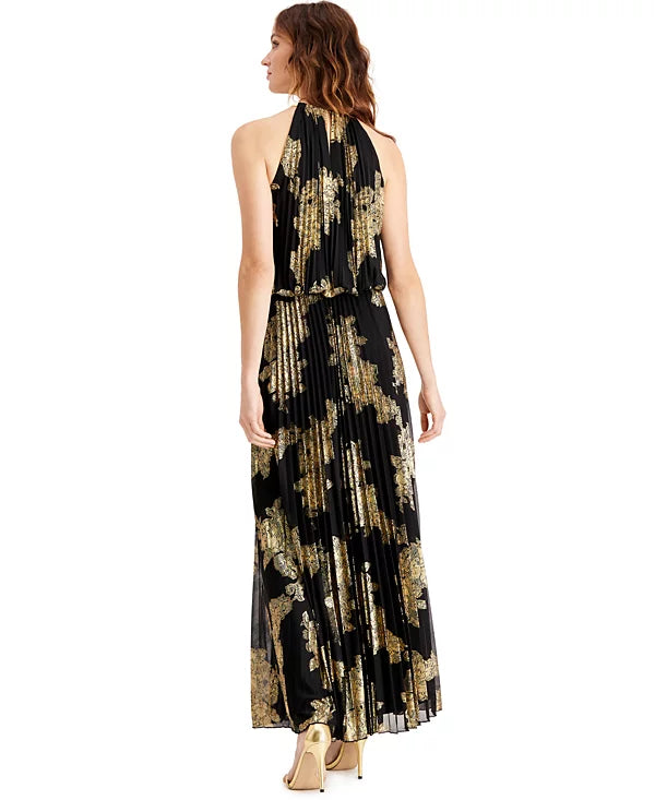 MSK Pleated Foil-Print Blouson Maxi Gown  Color Black/Gold Size 12