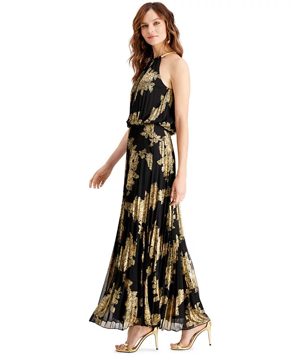 MSK Pleated Foil-Print Blouson Maxi Gown  Color Black/Gold Size 12