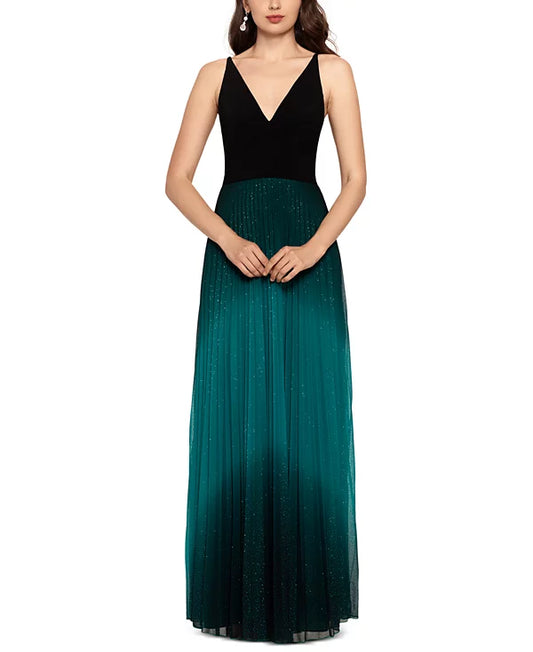 Betsy & Adam Pleated Glitter-Skirt Gown  Color Black/Teal Green Size 8