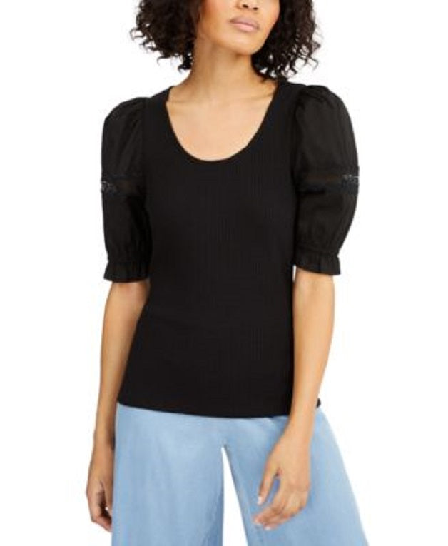 INC International Concepts Women's Ribbed Poplin-Sleeve Top  Color Deep Black Size XL