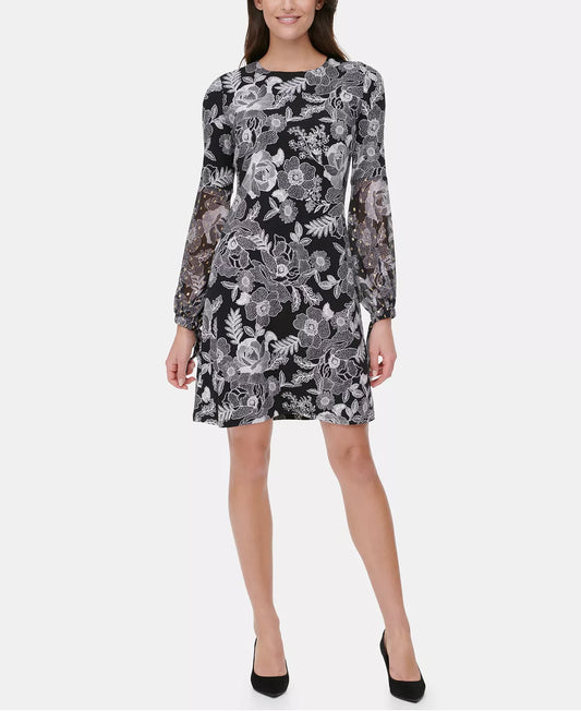 Tommy Hilfiger Floral-Print A-Line Dress  Color Black/Cream Size 6