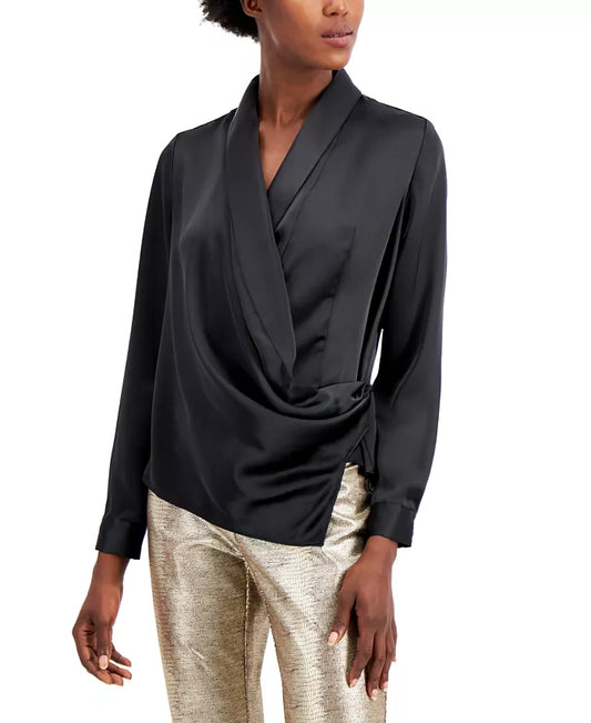 Alfani Women's Draped Faux-Wrap Blouse  Color Deep Black Size M