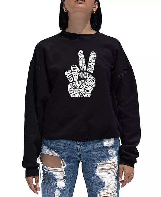 LA Pop Art Women's Word Art Crewneck Peace Fingers Sweatshirt  Color Black Size S