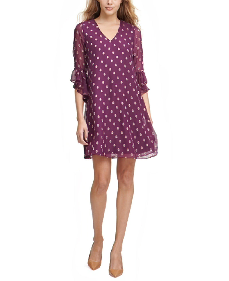 Calvin Klein Dot-Print Ruffle-Sleeve Dress  Color Purple/Gold Size 10