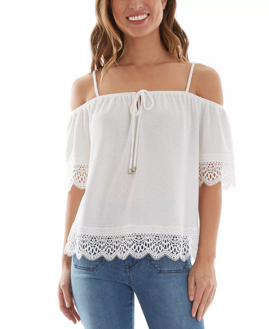 BCX Juniors' Cold-Shoulder Crochet-Trim Top  Color Ivory Size M