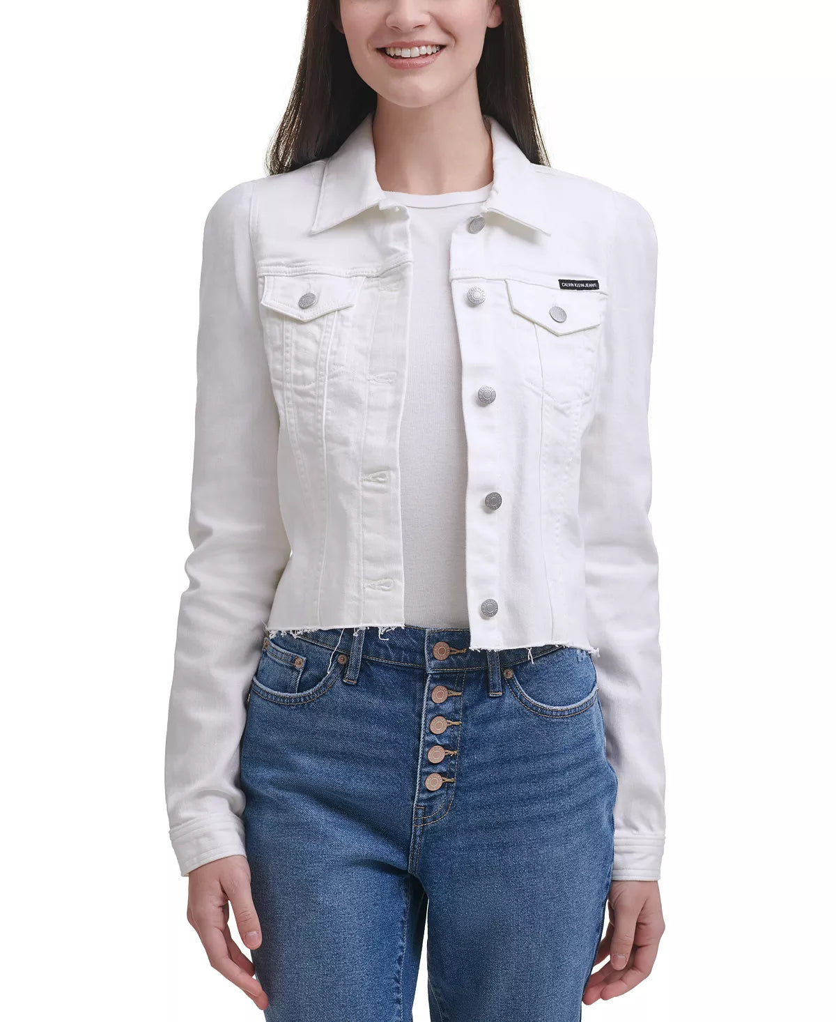 Calvin Klein Jeans Women's Puff Sleeve Crop Raw Hem Denim Jacket  Color White Size M