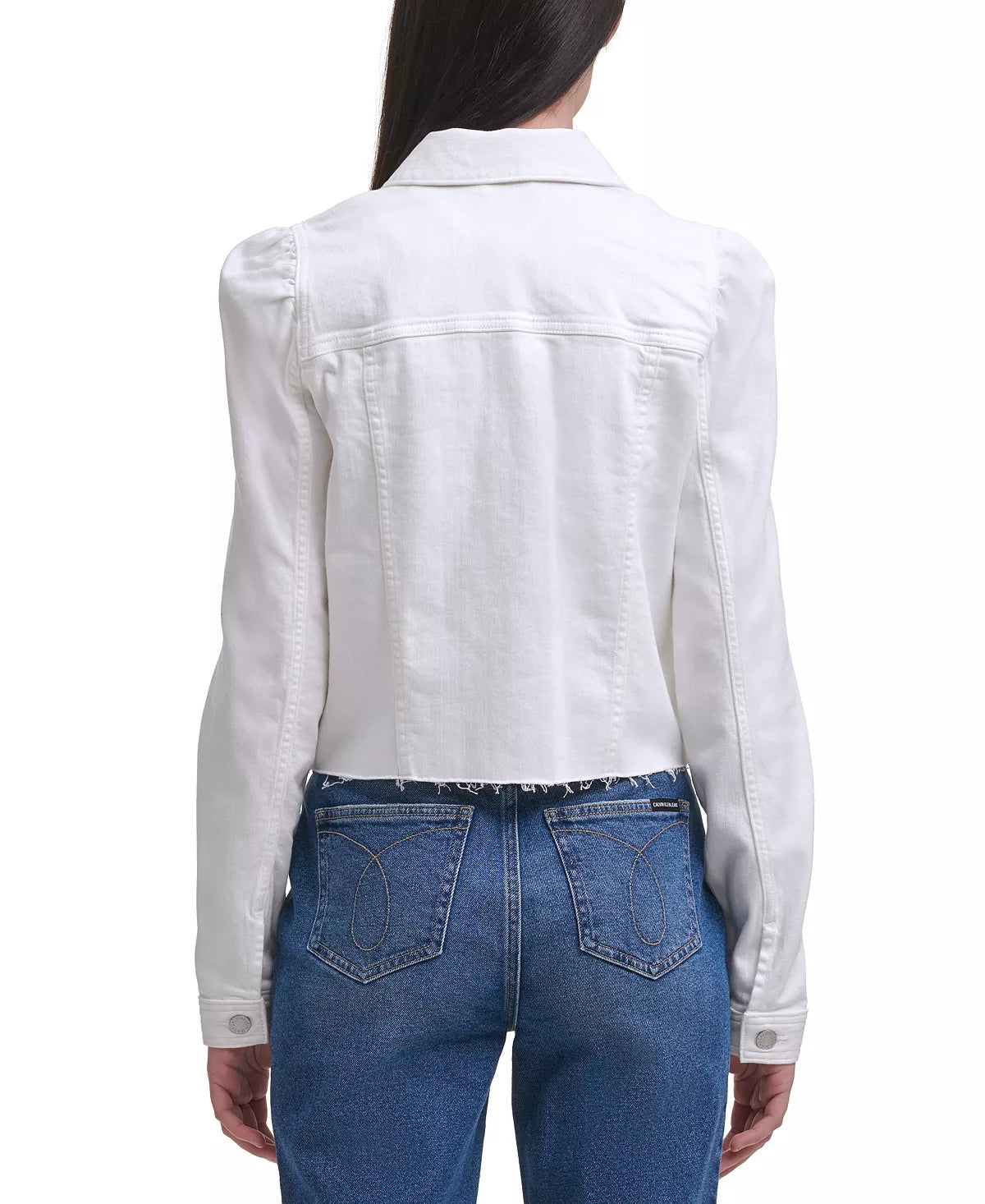 Calvin Klein Jeans Women's Puff Sleeve Crop Raw Hem Denim Jacket  Color White Size M