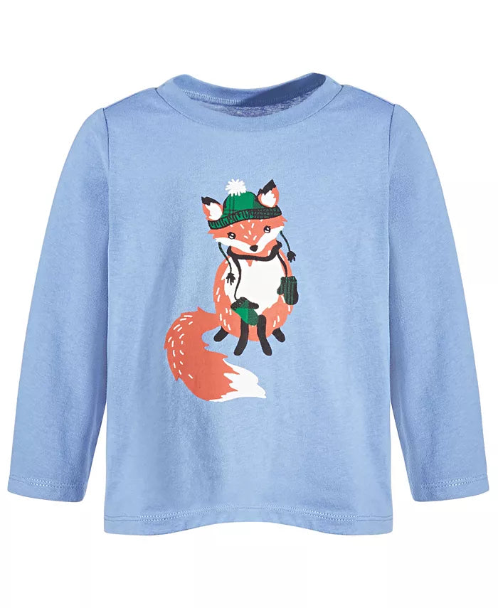 First Impressions Boys Bundled Up Fox Long-Sleeve Cotton T-Shirt  Color Washed Blue Size 18 months