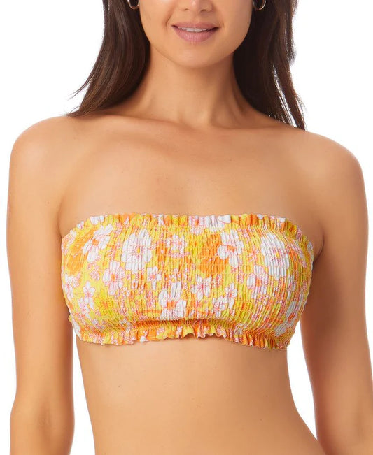 California Waves Juniors Printed Smocked Bandeau Bikini Top  Color Yellow Print Size L