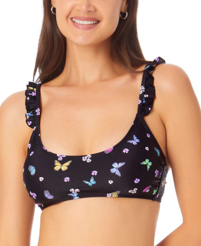 California Waves Juniors Ruffle Bralette Bikini Top  Color Black Print Size XL