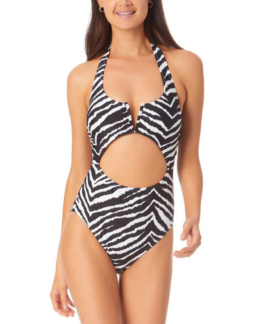 California Waves Juniors Zebra-Print Cutout One Piece Swimsuit  Color Black/White Print Size M