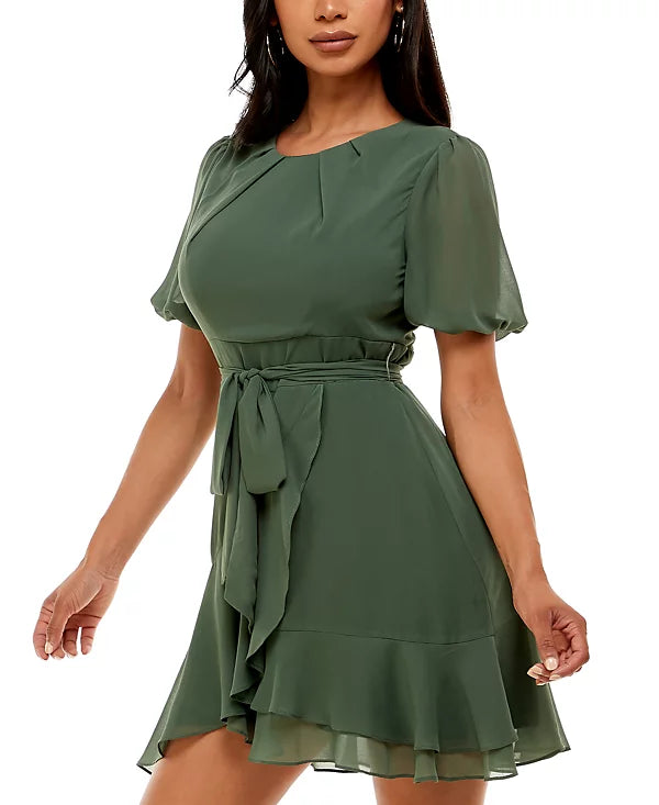 B Darlin Juniors Puff-Sleeve A-Line Dress  Color Olive Size 7/8