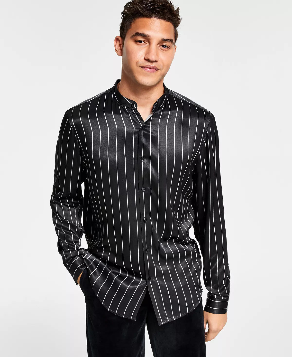 INC International Concepts Men's Striped Band-Collar Shirt  Color Black Silver Size 2XL