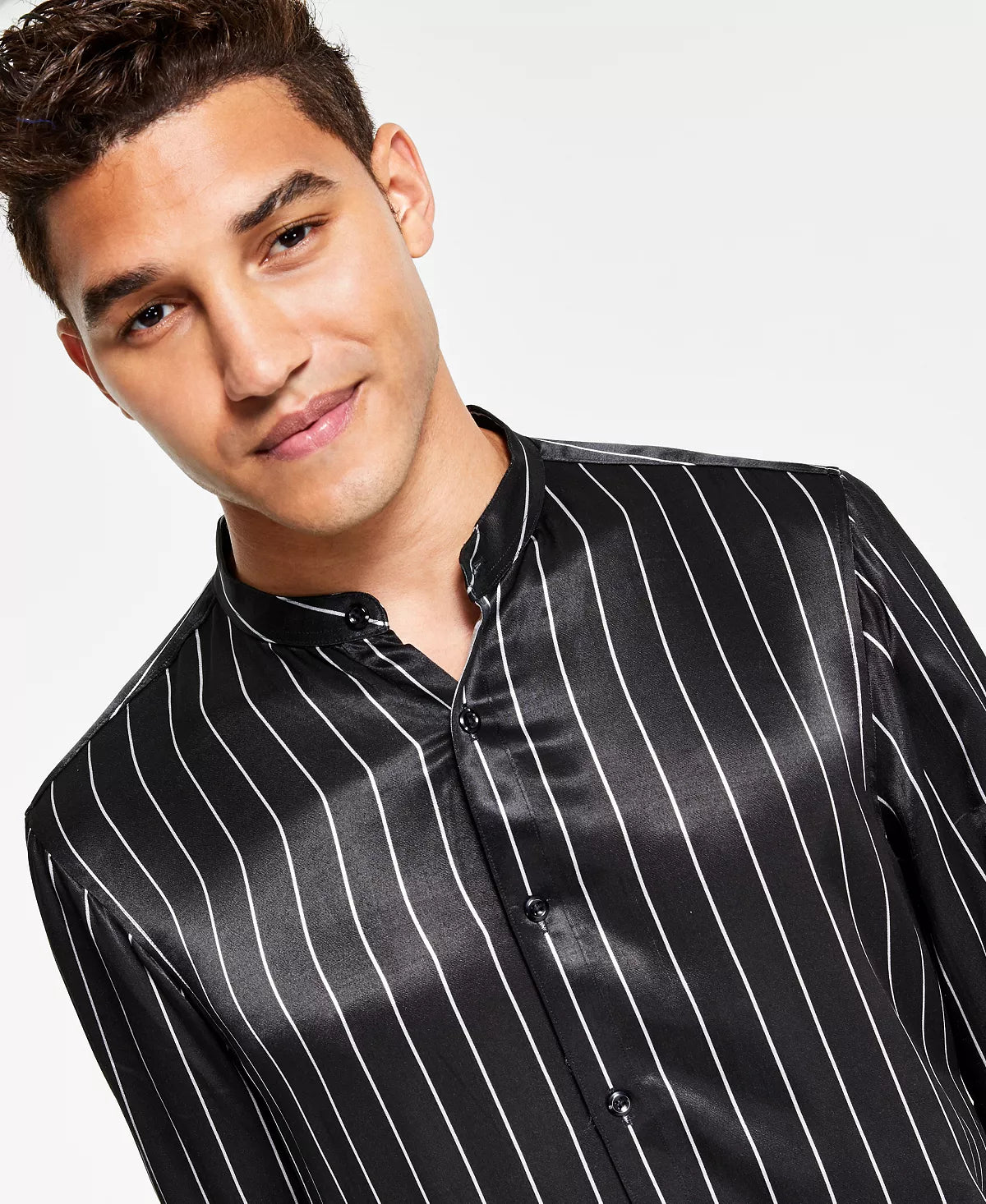 INC International Concepts Men's Striped Band-Collar Shirt  Color Black Silver Size 2XL