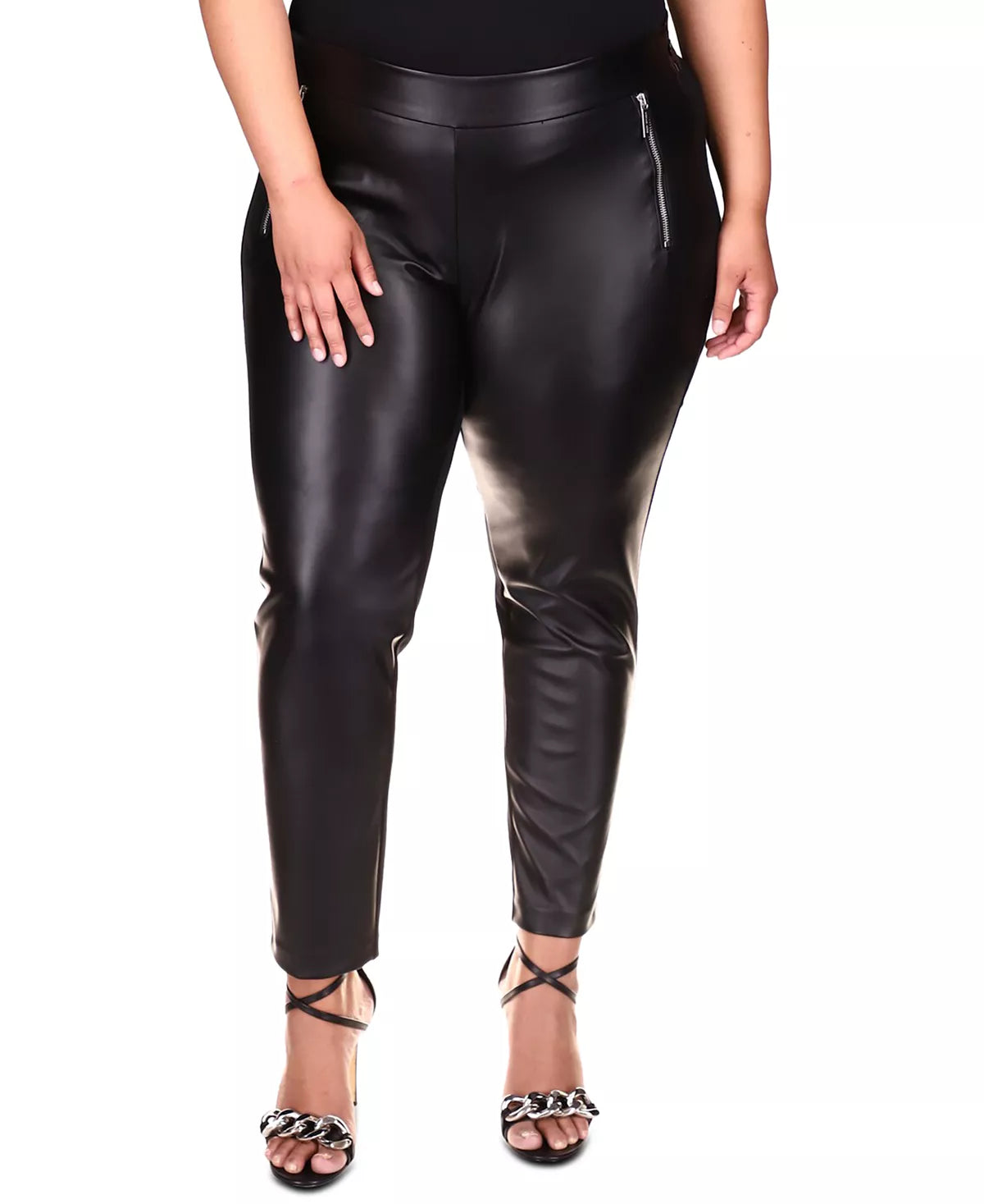 Michael Kors Plus Size Faux-Leather Zippered-Pocket Leggings  Color Black Size 1X