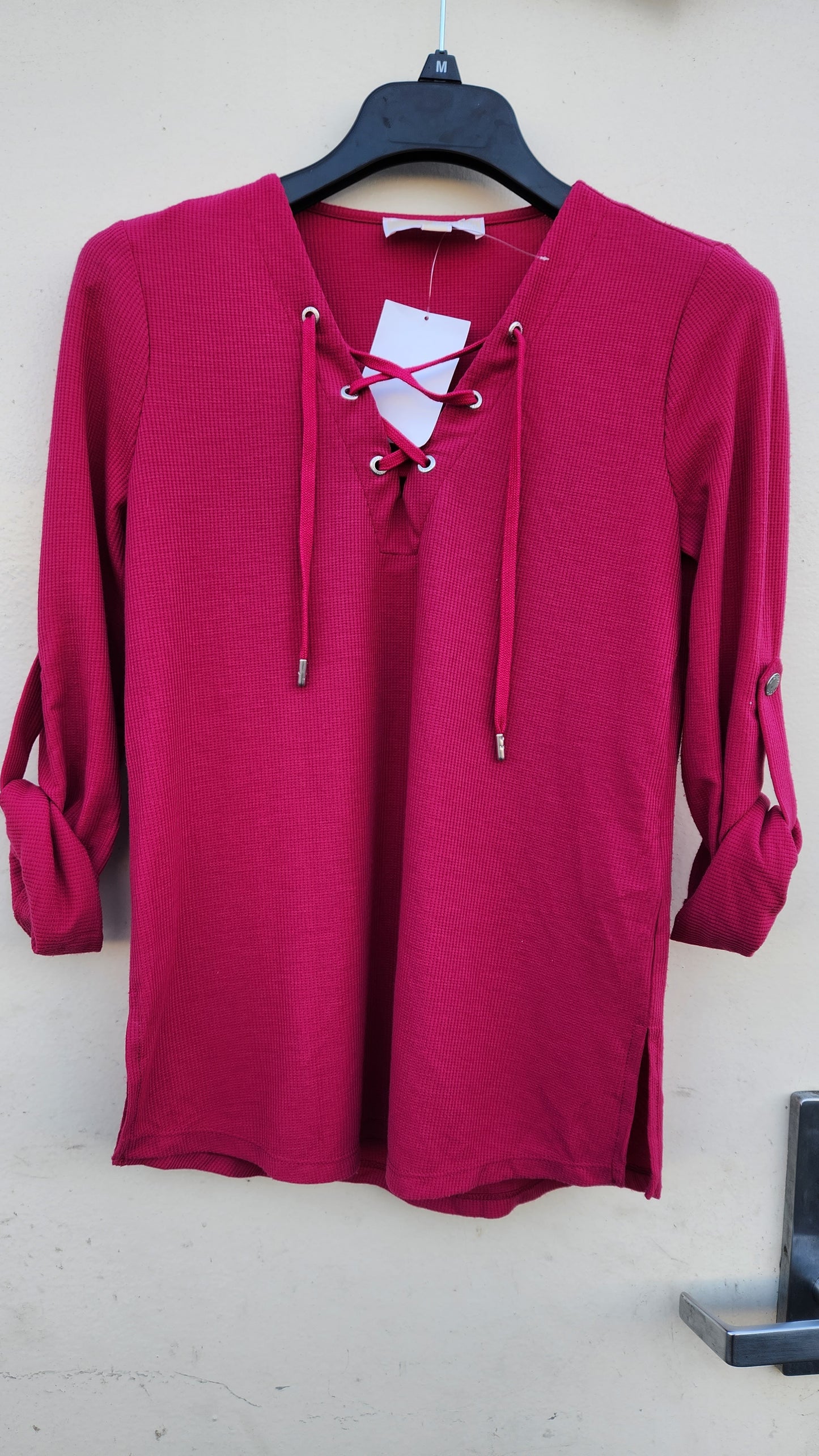 Michael Kors Women's V-Neck Drawstring Long Sleeve Top  Color Hot Pink Size P/XS