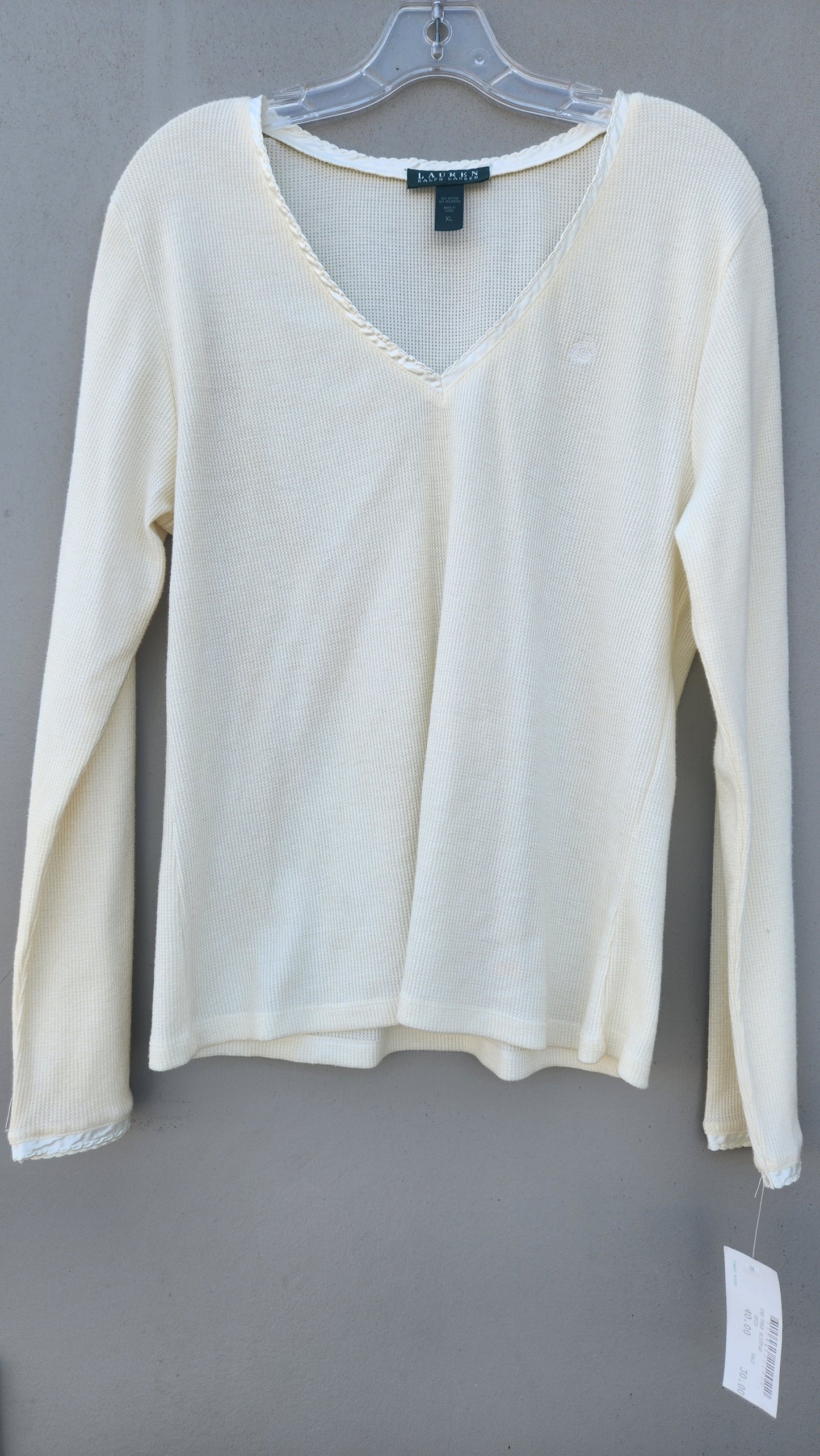 Lauren Ralph Lauren Women's V-Neck Long Sleeve Top  Color Ivory Size XL