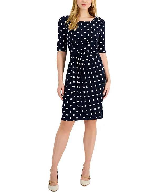 Connected Petite Dot-Print Side-Tab Sheath Dress  Color Navy Size 14P