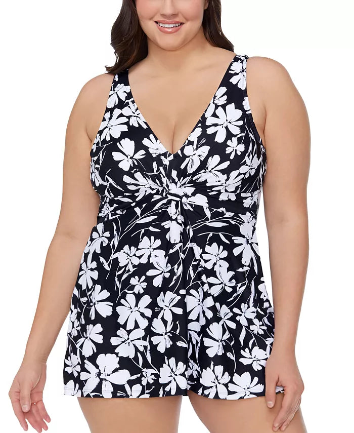 Island Escape Magnolia Morning Glow Underwire Swimdress  Color Black/White Size 10