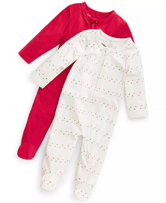 First Impressions Baby Girls Chloe 2-Pk. Solid & Heart Stripe-Print Footed Coveralls  Color Bone Hthr Size 0-3 months