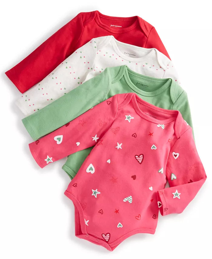 First Impressions Baby Girls 4-Pk. Solid Heart-Print Bodysuits  Color Raspberry Pie Newborn