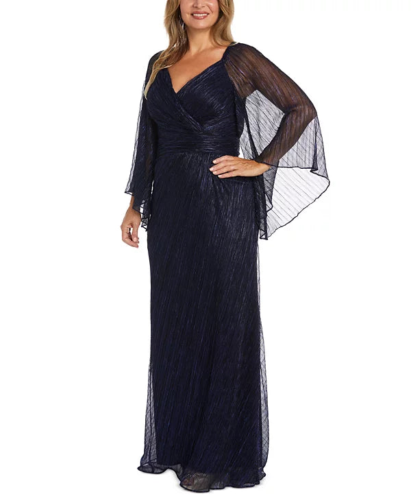 Nightway Sweetheart-Neck Draped-Illusion-Sleeve Gown  Color Navy Size 4