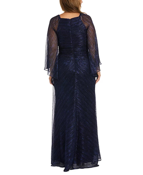 Nightway Sweetheart-Neck Draped-Illusion-Sleeve Gown  Color Navy Size 4