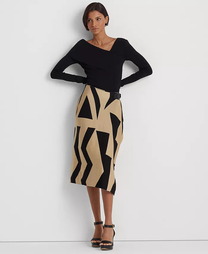 Lauren Ralph Lauren Women's Geo-Print Cotton-Blend Pencil Skirt  Color Black/Tan Size M