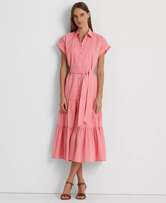 Lauren Ralph Lauren Women's Gingham Belted Cotton Dress  Color Poolside Rose Size 16