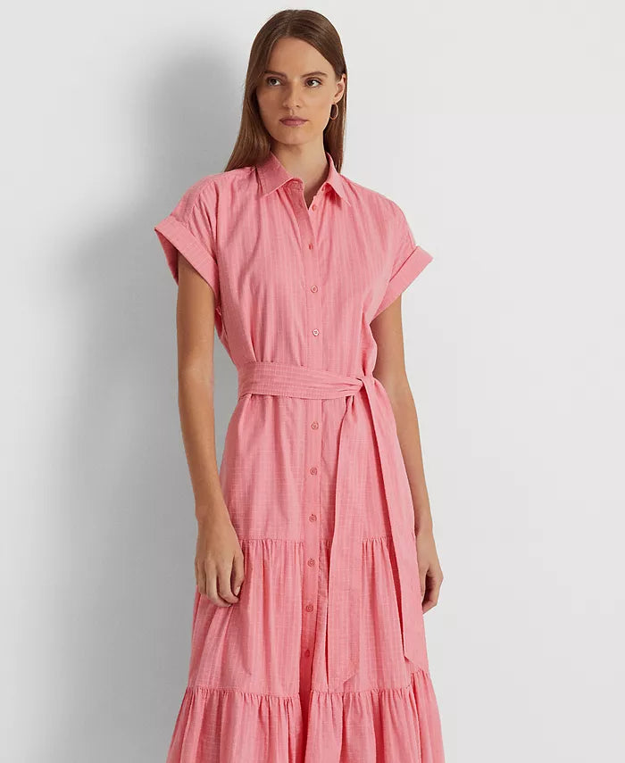 Lauren Ralph Lauren Women's Gingham Belted Cotton Dress  Color Poolside Rose Size 16