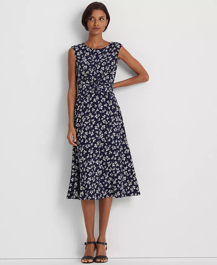 Lauren Ralph Lauren Women's Leaf-Print Twist-Front Crepe Dress  Color Navy/Cream Size 8