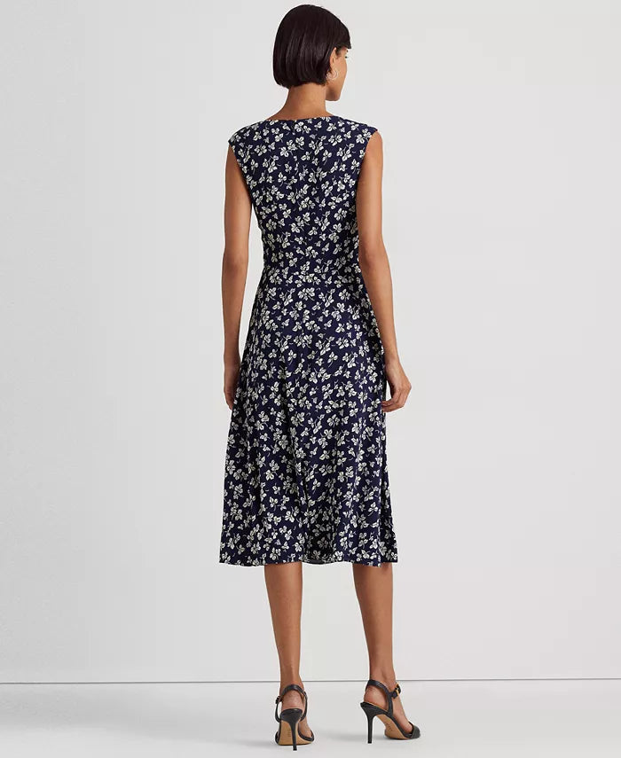 Lauren Ralph Lauren Women's Leaf-Print Twist-Front Crepe Dress  Color Navy/Cream Size 8