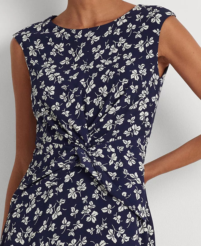 Lauren Ralph Lauren Women's Leaf-Print Twist-Front Crepe Dress  Color Navy/Cream Size 8