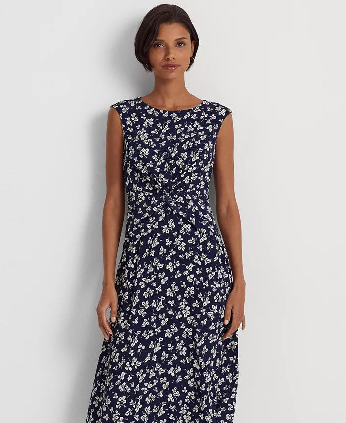 Lauren Ralph Lauren Women's Leaf-Print Twist-Front Crepe Dress  Color Navy/Cream Size 8