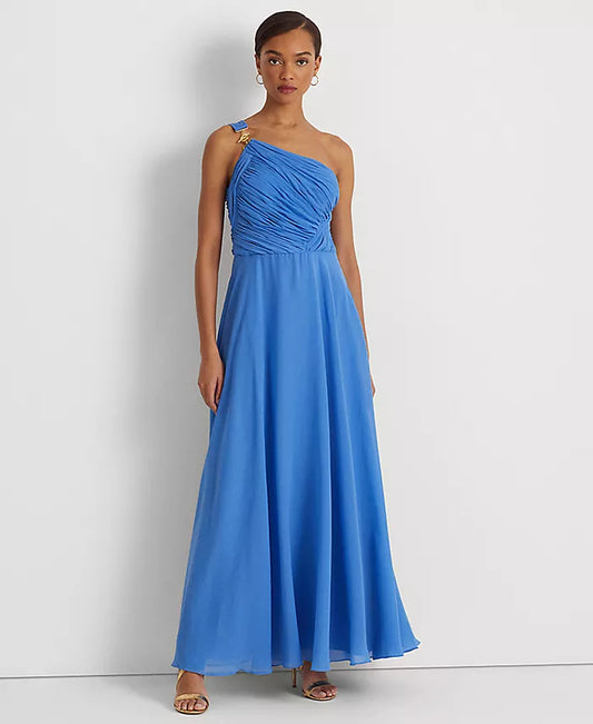 Lauren Ralph Lauren Women's Georgette One-Shoulder Gown  Color New England Blue Size 4